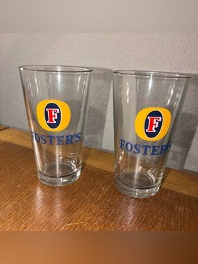 Foster's Branded Clear Pint Glasses with Yellow & Blue Logo - Set of 2